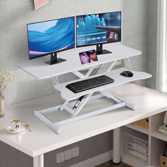 38-Inch Height Adjustable Standing Desk Converter, Duals Monitor & Laptop Riser with Wide Keyboard Tray, Sit to Stand Ergonomic Workstation for Home Office, School, Business, White