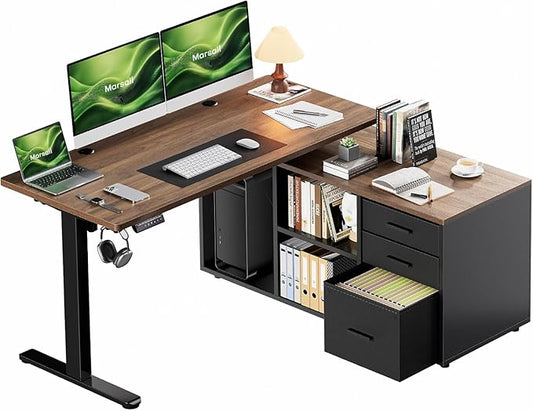 Marsail L-Shaped Executive Standing Desk with File Cabinet, 55" x 24" Electric Height Adjustable Stand up Desk, One-Whole Piece Desktop, Home Office Modern Computer Desk with 4 Memory Presets