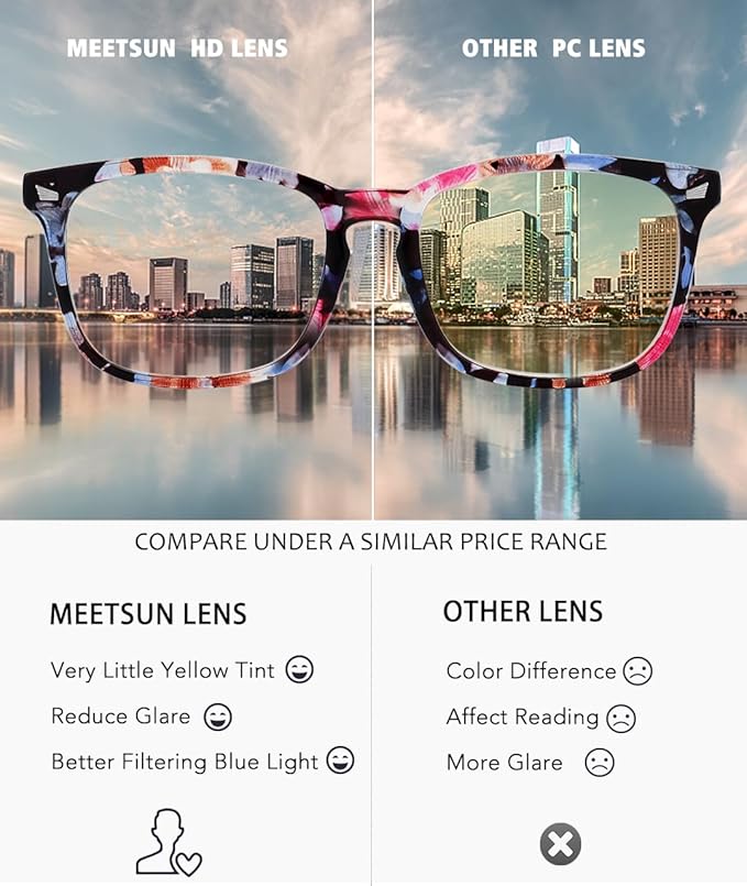 MEETSUN Blue Light Blocking Glasses women men, Anti Eye Strain Headache (Sleep Better),Computer Glasses UV400 Lens (T1 Flower-Transparent Lens)