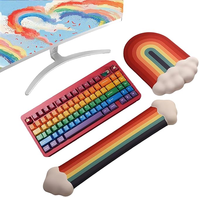Gel Cloud Keyboard Wrist Rest Cute Rainbow Mouse Pad with Wrist Rest for Computer Keyboard and Mouse Pad Set PU Base Silicone Ergonomic White Cloud Wrist Pad Support for Gaming Desk Laptop Home Office