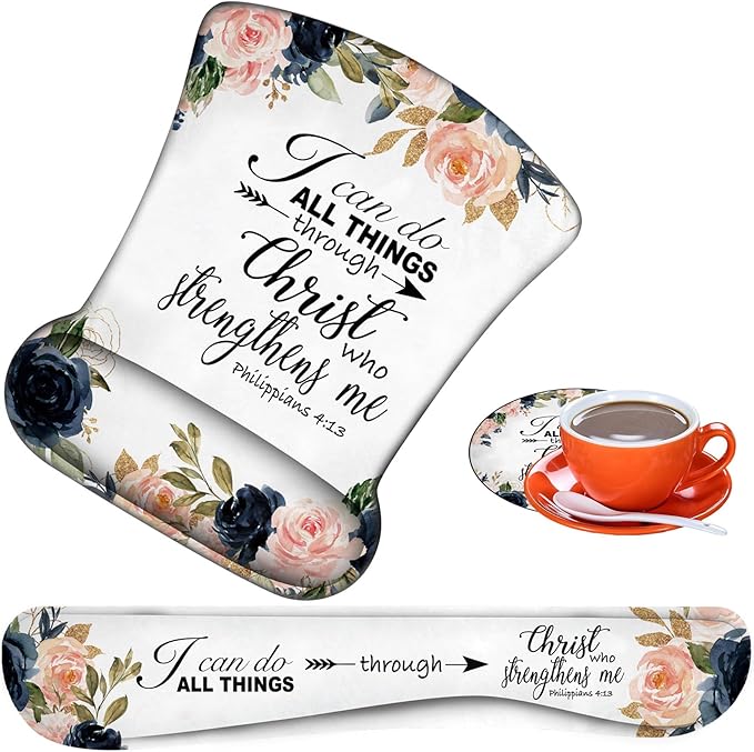 Ergonomic Mouse Pad, Mouse Wrist Rest Pad + Keyboard Wrist Rest Pad + Coaster, Made of Memory Foam, Easy to Use and Relieve Wrist Pain, Computer, Games, Office, Home - Bible Phil 4-13 Floral