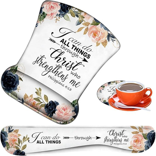 Ergonomic Mouse Pad, Mouse Wrist Rest Pad + Keyboard Wrist Rest Pad + Coaster, Made of Memory Foam, Easy to Use and Relieve Wrist Pain, Computer, Games, Office, Home - Bible Phil 4-13 Floral