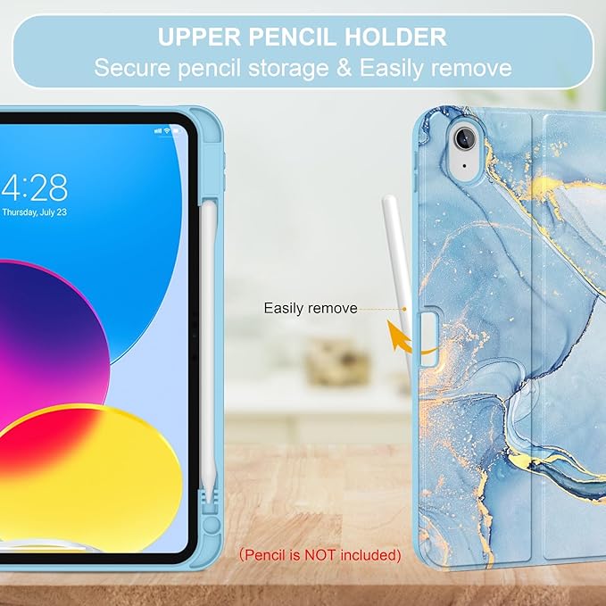 Soke for iPad (A16) 11th/10th Generation Case with Keyboard(2025/2022)-7 Color Backlight Wireless Detachable Folio Keyboard Cover with Built-in Pencil Holder for iPad 11/10.9 inch, Ice Blue Marble