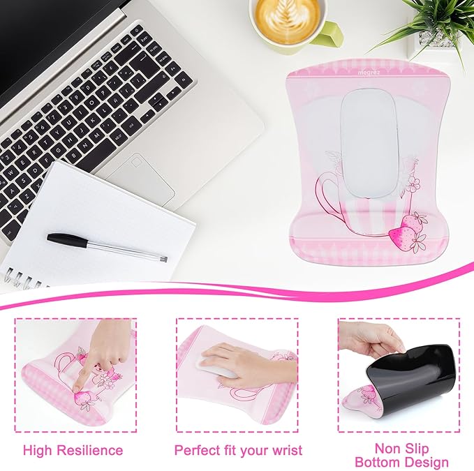 MEGREZ 4-in-1 Ergonomic Memory Foam Wrist Rest Set, Desk Pad, Mouse Pad with Wrist Rest, Keyboard Pad, Suitable for Office Workers, Programmers & Gamers–Relieve Typing & Gaming Fatigue, Pink