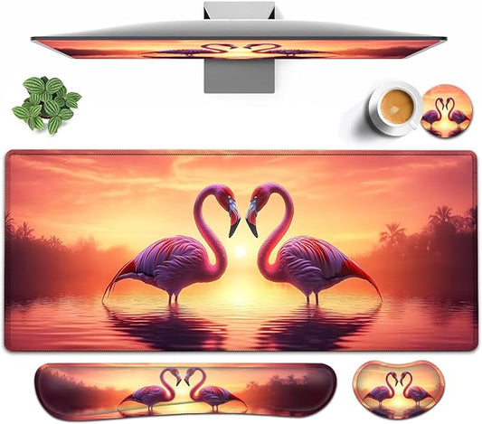 Large Mouse pad and Keyboard Support Set, Ergonomic Memory Foam Keyboard Wrist Rest, Extended Gaming Mouse Pad with Stitched Edges, Romantic Pink Swans Heart XXL Desk Mat (31.5 X 11.8 in)