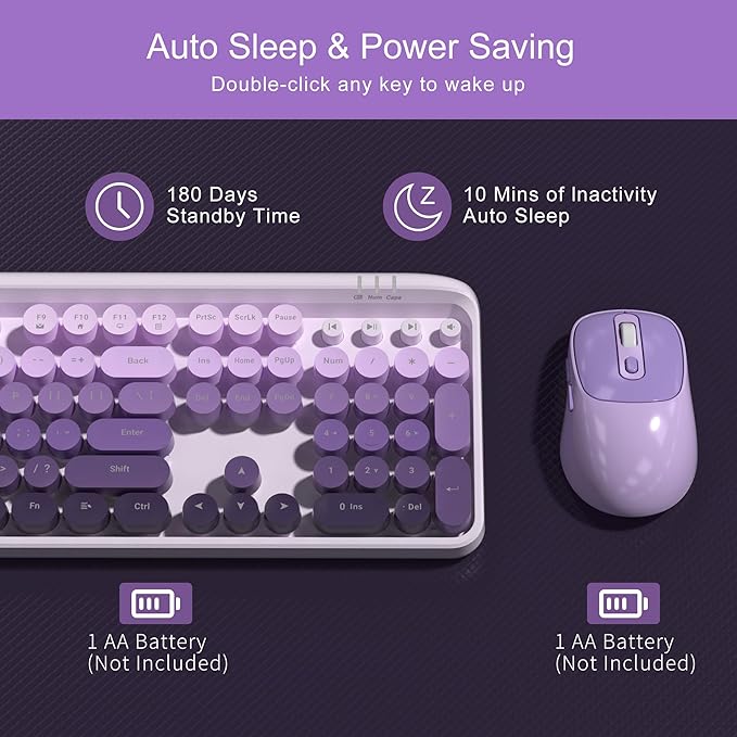 MageGee V920 Wireless Keyboard and Mouse Combo, 2.4G Full-Sized Retro Typewriter Keyboard with Round Keycaps & Auto-Sleep Mode, Cute Computer Keyboard and Cordless Optical Mouse for Laptop/PC (Purple)