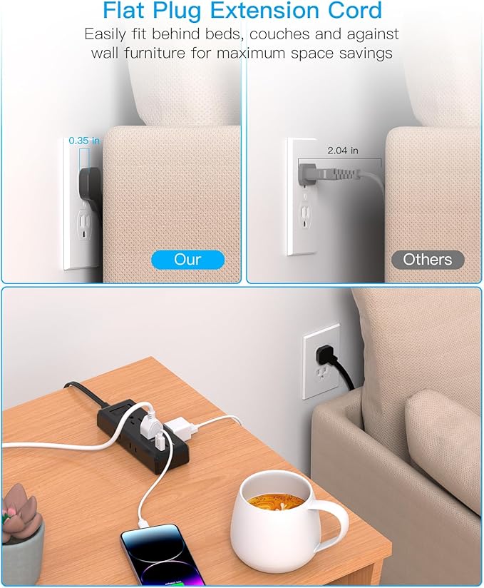 Black Extension Cord 10 Ft, HANYCONY Ultra-Thin Flat Plug Power Strip with 6 Outlets and 3 USB Ports (2 USB C), Long Extension Cord with Multiple Outlets for College Dorm Room Office Desk Essentials