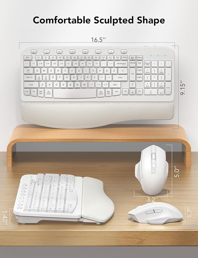 SABLUTE Wireless Keyboard and Mouse Combo, Ergonomic Wave Keys, Cushioned Plam Rest, Comfortable Silent Natural Typing, 2.4G Lag-Free, MA12 Full Size Keyboards Set for Multi-OS, Windows/Mac, White