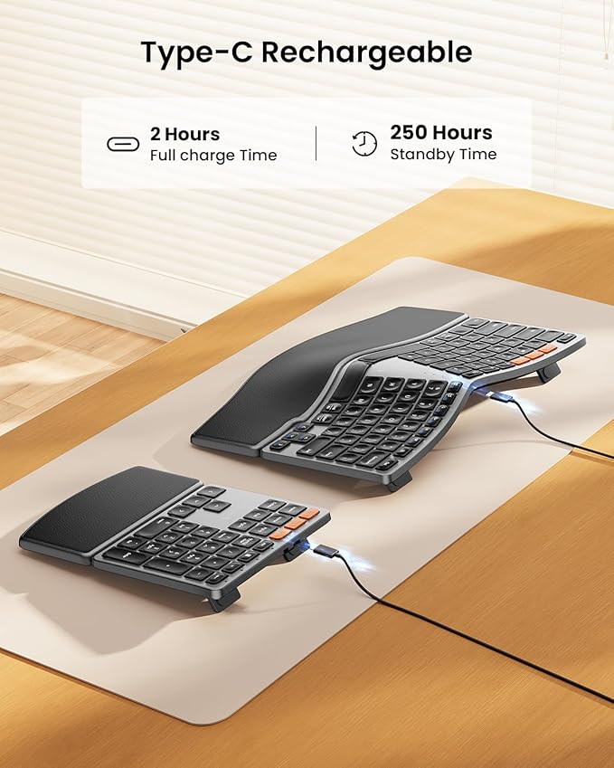 ProtoArc Bluetooth Ergonomic Keyboard, Wireless Ergonomic Keyboard with Separate Number Pad, Dual Bluetooth and USB, Hard Palm Rest, Split Design, Rechargeable for Windows/Mac/Android