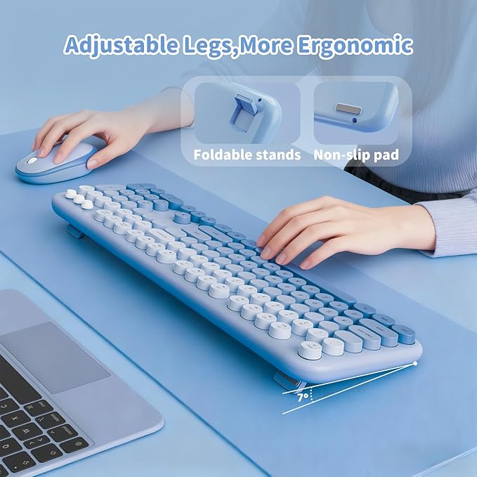 Wireless Keyboard and Mouse Combo, 2.4GHZ Typewriter Retro Full Size Keyboards, Cute Colorful Computer Keyboard and Wireless Mouse for Laptop/Desktop/Windows/PC (Blue Gradient)