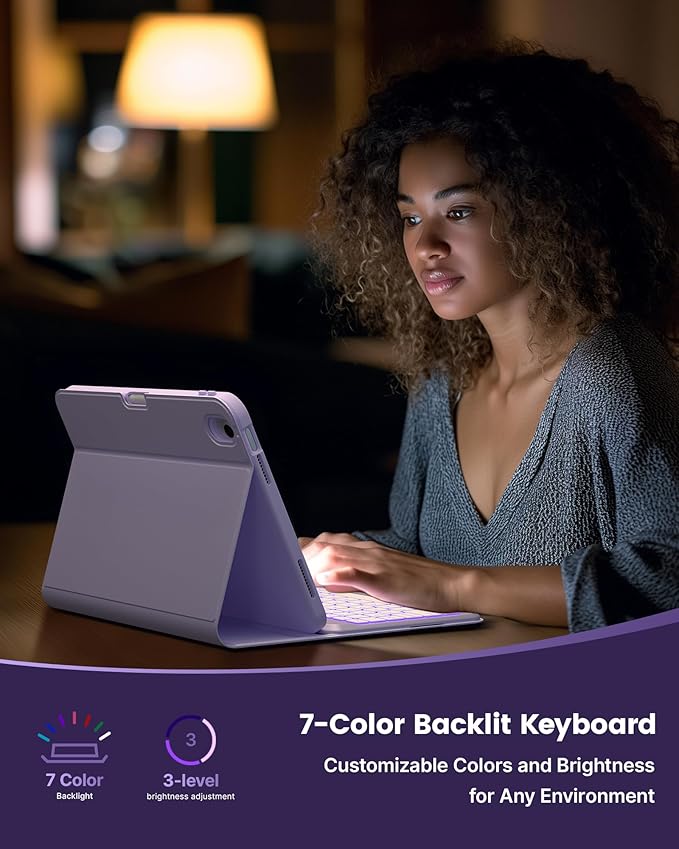 typecase Folio Keyboard Case for iPad 10th Gen 10.9 inch (2022) and iPad 11th (A16, 2025), Magnetic Wireless Detachable Keyboard, 7-Color Backlight, Thin & Light, Pencil Holder – Light Purple
