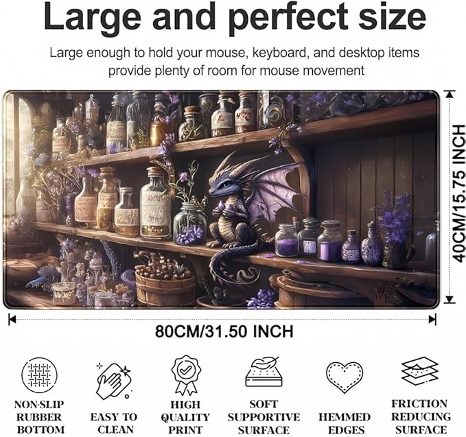 Purple Dragon Desk Mat Cute Large Gaming Keyboard Mouse Pad, Dragon Magic Desk Pad Extended Mouse Pad Gaming Office Decor for Pc Laptop Mouse Pads (31.5x15.7 in) with Stitched Eges Non-Slip Base