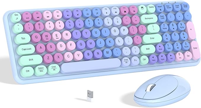 Colorful Wireless Keyboard Mouse Combo, Gradient Rainbow Colors 100 Keys and 2.4GHz Optical Mouse Connection for Windows, Mac, Laptop, PC, Desktop (Purple Colorful)