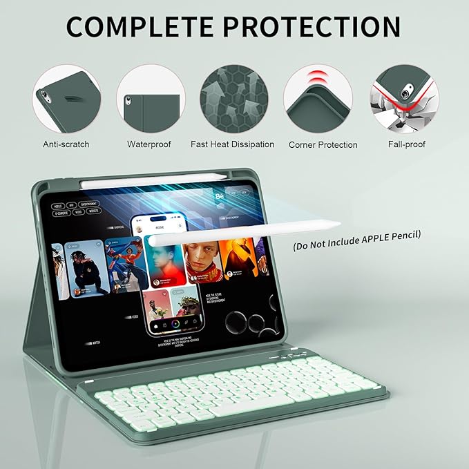 for iPad (A16) 11th Generation 2025 11-inch/10th Generation 2022 10.9 inch with Keyboard, 7 Colors Backlit Square Keycaps, Detachable Wireless Bluetooth Keyboard Case with Pencil Holder,DarkGreen