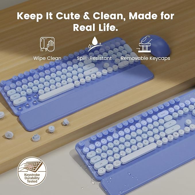 Wireless Keyboard and Mouse Combo, Magnetic Soft-Touch Wrist Rest, Round Keycaps, Full-Size Retro Typewriter Style Keyboard, 2-Stage Tilt Legs, Auto Sleep, 2.4GHz Cordless for Windows PC, Purple Ombre