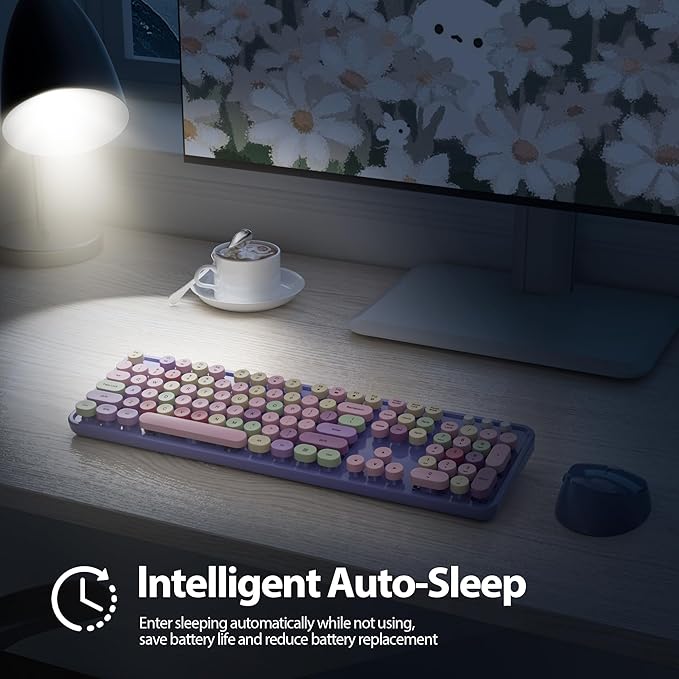 Purple Keyboard and Mouse Combo Wireless, 2.4G Full Size 104-Key Retro Typewriter Keyboards Round Keys for Students Teenagers Home Office PC Laptop(Colorful Purple)