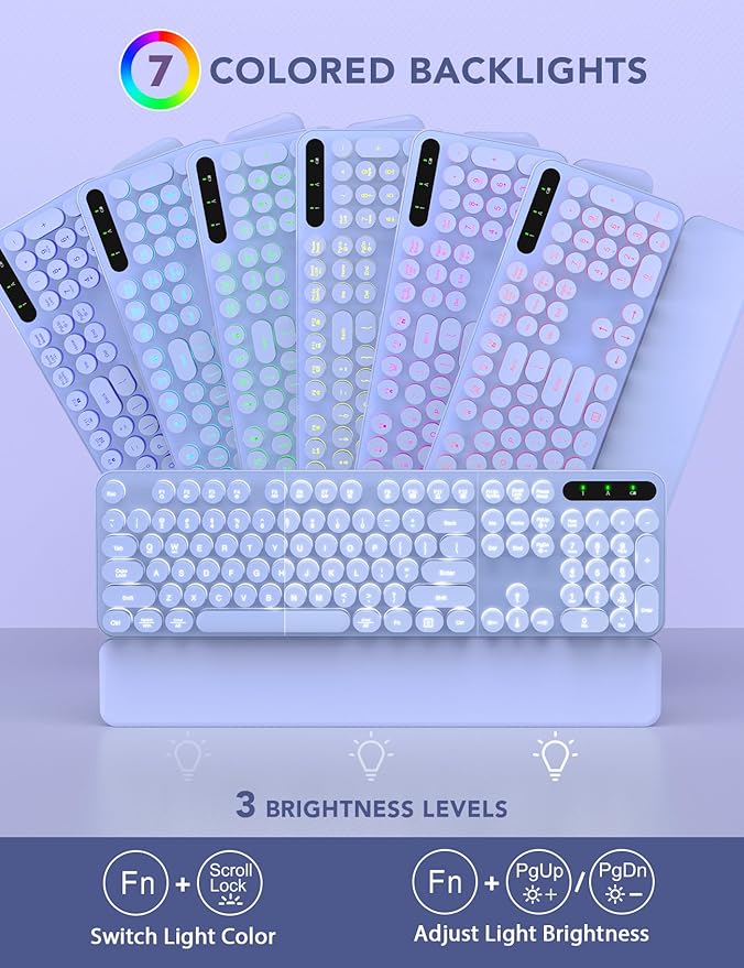 Wireless Keyboard and Mouse Backlit - Typewriter Keyboard with Retro Round Keycaps, Detachable Wrist Rest, Light Up Letters, 2.4G Rechargeable Combo for Mac, Windows, PC, Laptop, Trueque (Purple)