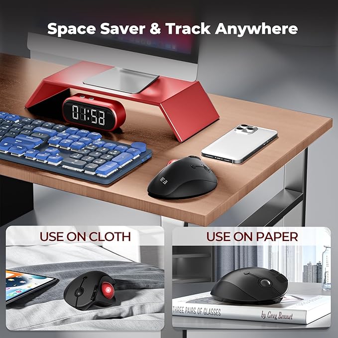 seenda Wireless Trackball Mouse, Bluetooth - Ergonomic Rollerball Mouse Rechargeable, 3 Device Connection Optical Mice Adjustable DPI Thumb Control Mice Compatible for Mac/Android/Windows - Black&Red
