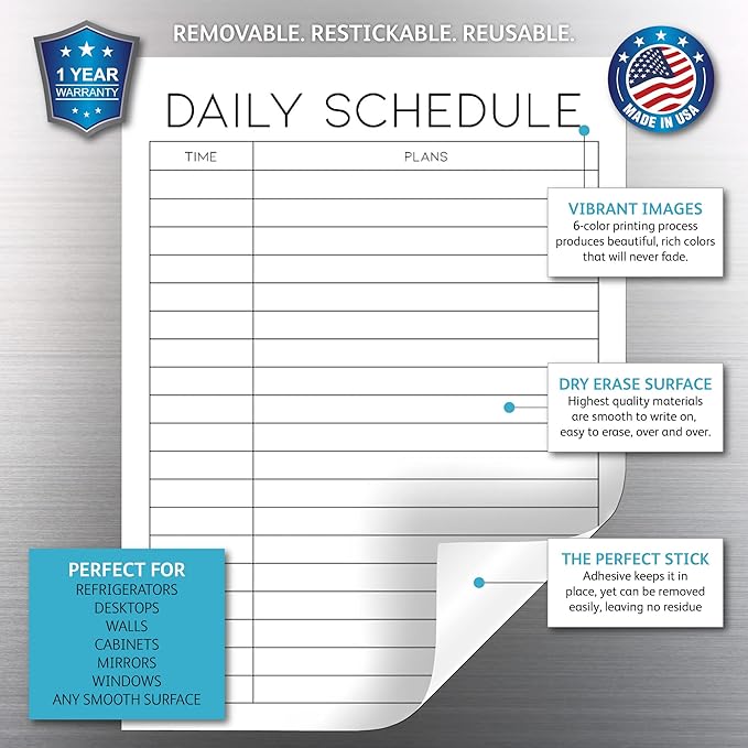 Dry Erase Daily Schedule Planner Sticker Decal by Glassboard Studio | Removable & Reusable | Magnetic Fine-Tip Marker Included (9 x 12 inches, White)
