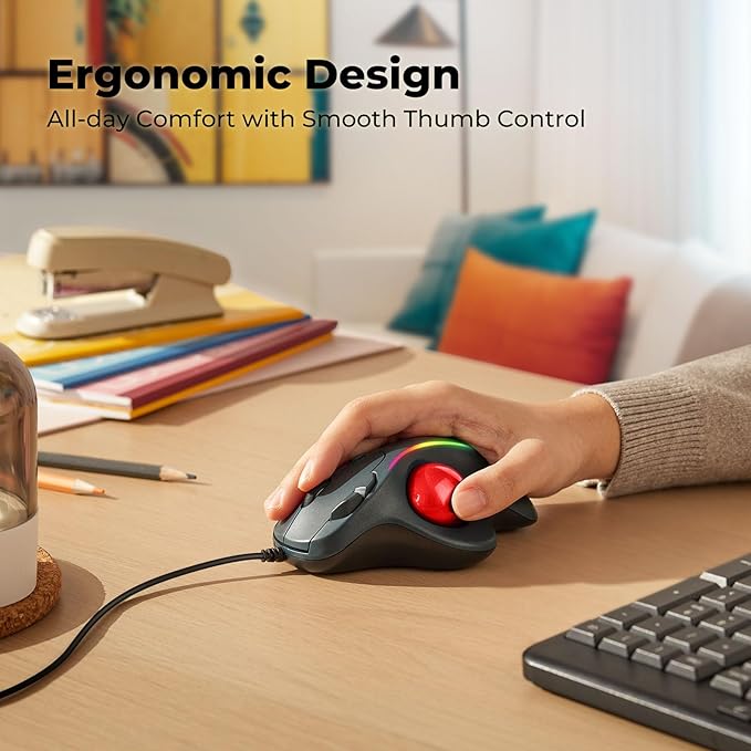 Wired Trackball Mouse with RGB Lighting, Ergonomic Thumb Control to Reduce Muscle Strain, 5 Adjustable DPI, Dual USB-C & USB-A Connectivity