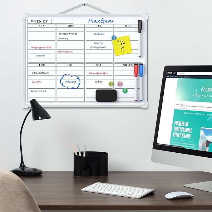 MaxGear Small Weekly Calendar Dry Erase Board for Wall, 16"x12" Hanging Double-Sided White Board, Portable Whiteboard for Planning, Drawing, Memo, to Do List, School, Home, Kitchen, Office
