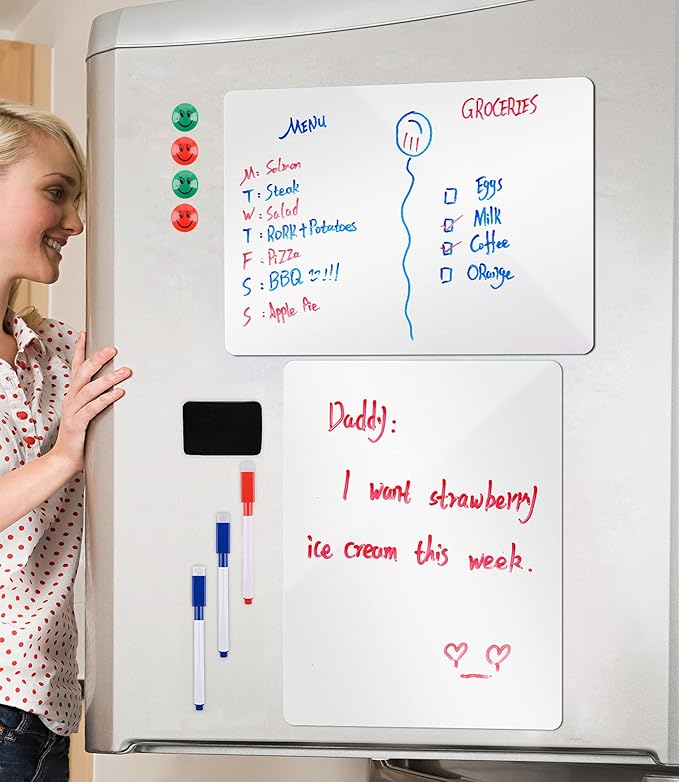 Magnetic Whiteboard for Refrigerator 2 Pack, 16x12 Inch Fridge Dry Erase Board with 3 Markers, Eraser & Magnets - Kitchen Menu Planner, Grocery List Organizer (White, 12×16inch)
