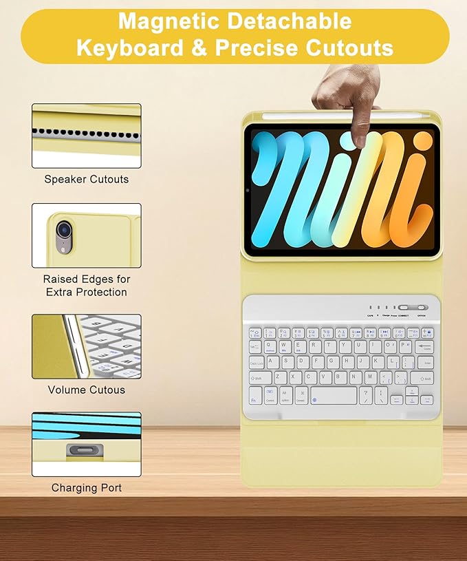 iPad mini 7th Gen 2024 (A17 Pro) & iPad mini 6 Keyboard Case 2021, Detachable Wireless Bluetooth Keyboard Slim Folio Smart Cover with Pencil Holder for iPad mini 7th/6th Gen 8.3 inch - Yellow