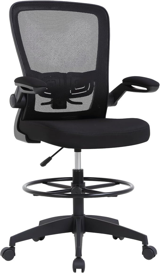 BestOffice Drafting Chair Tall Office Chair Adjustable Height with Lumbar Support Flip Up Arms Footrest Mid Back Task Mesh Desk Chair Computer Chair Drafting Stool for Standing Desk