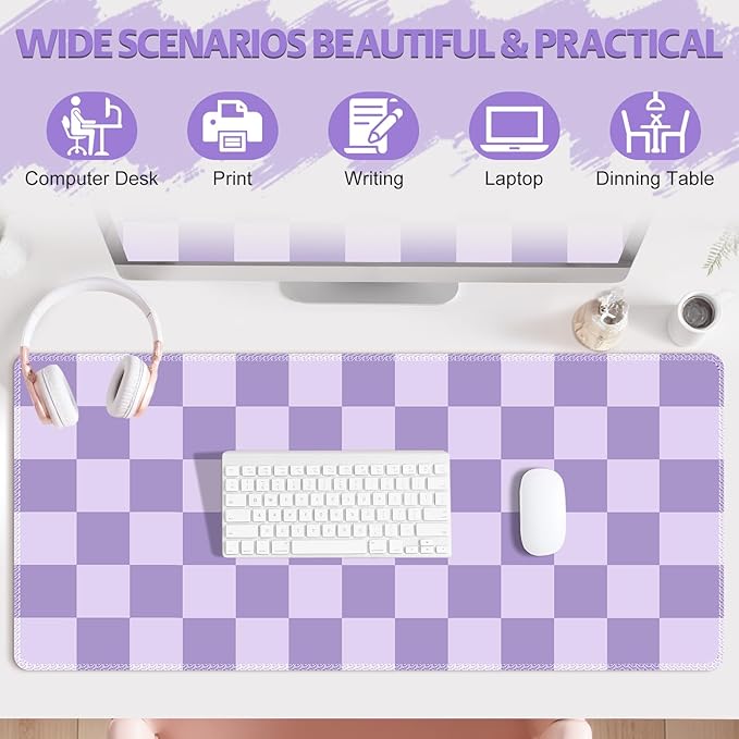 Desk Mat for Keyboard and Mouse, Large Non-Slip Mouse Pad Keyboard Pad, Computer Mats for Desktop, Cute Desk Pad with Stitched Edges for Office, Gaming I Pastel Purple Checkered