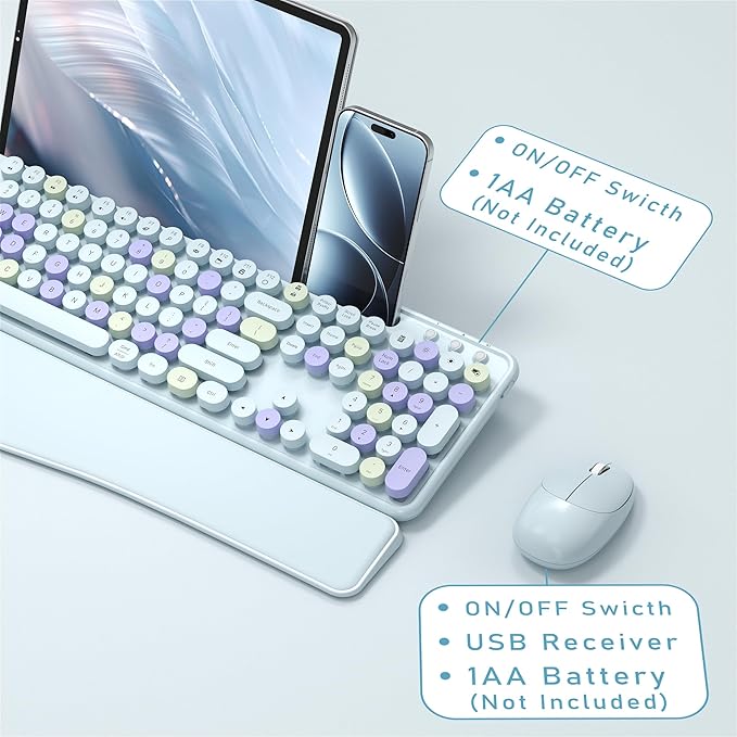 Colorful Wireless Computer Keyboard and Mouse Combo with Phone Holder, Wrist Rest, Typewriter Keys, 2.4GHz Wireless, Full-Sized Optical Mouse for PC and Laptop (Light Blue)