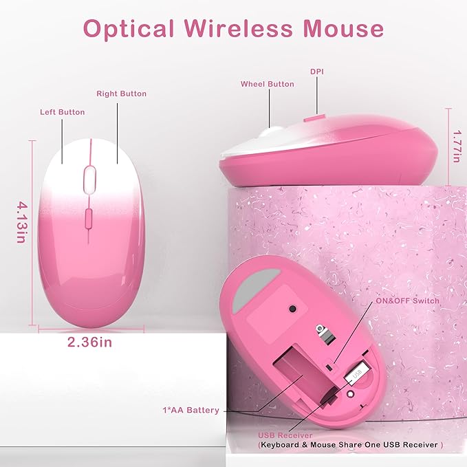 Colorful Wireless Keyboard and Mouse Combo, COVEVA 2.4GHz Wireless Retro Cute Round Keycaps Keyboard, 104 Keys Full-Sized Keyboard Mouse Set with Switch Button for PC Laptop Desktop (Pink Gradient)