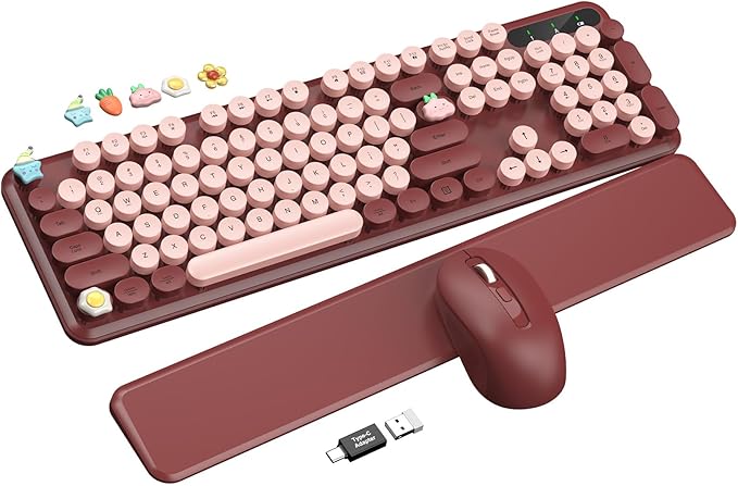 Wireless Keyboard and Mouse Combo - Cute Typewriter Keyboard with Detachable Wrist Rest, Retro Round Keycaps, Foldable Legs, 2.4GHz Full-Size Keyboard for PC, Laptop, Windows - Trueque (Wine Red)