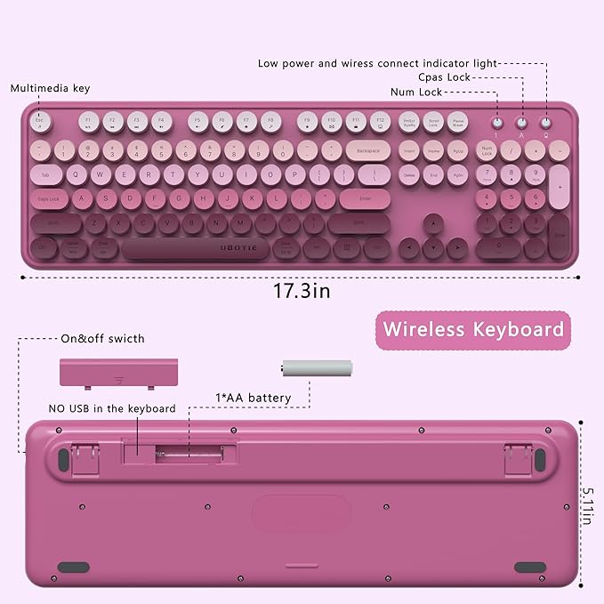 UBOTIE Colorful Computer Wireless Keyboards Mouse Combos, Typewriter Flexible Keys Office Full-Sized Keyboard, 2.4GHz Dropout-Free Connection and Optical Mouse (Rosy Gradient)