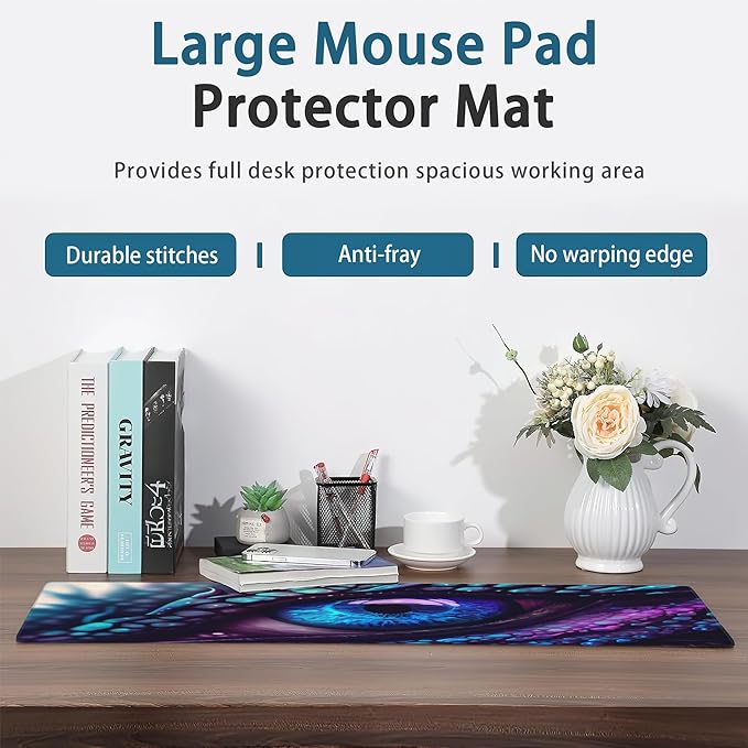 Desk Mat, Blue and Purple Fantasy Dragon Eye Extended Gaming Mouse Pad Large, 31.5"x11.8" Big Mouse Pad with Non-Slip Base and Stitched Edge, Long Computer Keyboard Mouse Mat for Home Office Work
