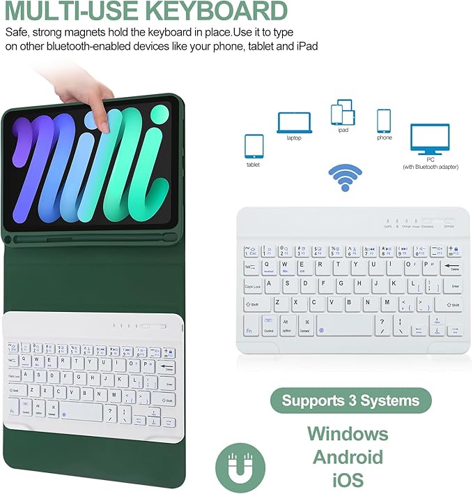BORIYUAN iPad mini 6 Keyboard Case 2021, Detachable Wireless Bluetooth Keyboard Slim Folio Smart Cover with Build-in Pencil Holder for iPad mini 6th Generation 8.3 inch – Dark Green