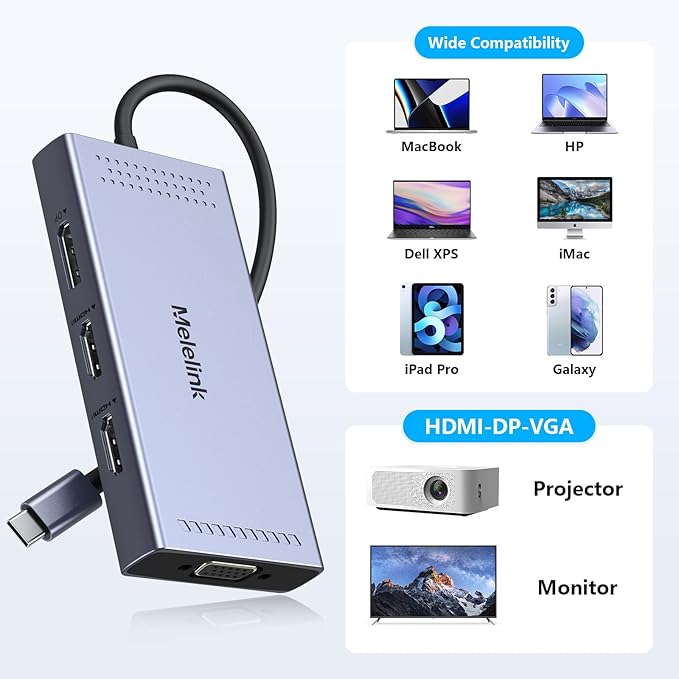USB C Docking Station Dual HDMI Monitor Adapter, Melelink USB C Hub 3 Monitors with 2X HDMI 4K, 8K Displayport, VGA, 100W PD, USB C&A Ports, 9 in 1 Laptop Docking Station for Dell, HP, Lenovo, etc