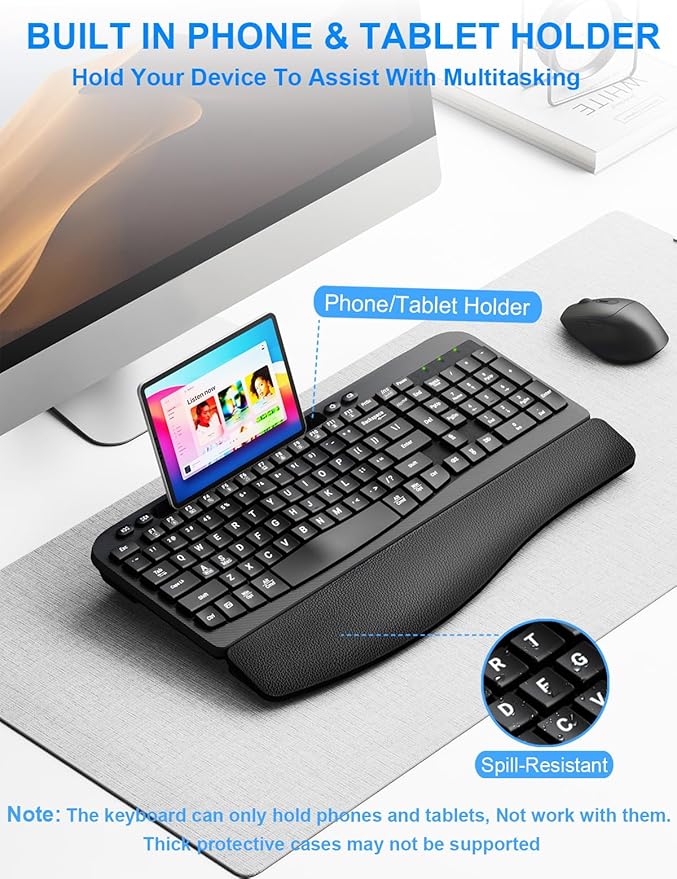 Wireless Keyboard and Mouse Combo, Wave Keys Computer Ergonomic Keyboard with Cushioned Plam Rest, Phone Holder, 2.4GHz Silent 6 Button Wireless Mouse Set for Laptop, PC, Windows, Mac (Black)