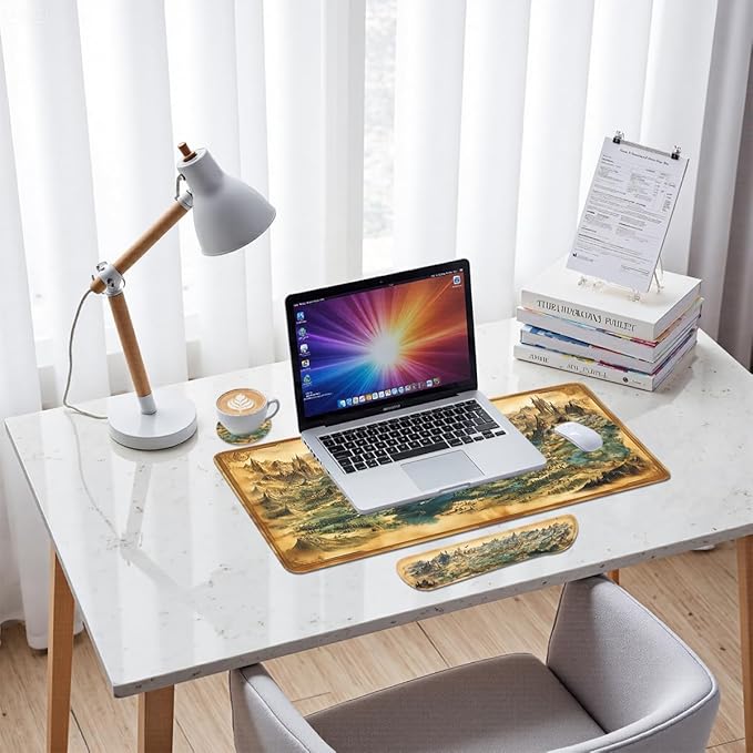 Fantasy Map Mouse Pad Set Vintage Medieval Dragon Castle World Gaming Mousepad 4in1 Desk Mat for Desktop Anti-Slip XXL Big Computer Ergonomic Mousepad with Wrist Support for Keyboard and Mouse