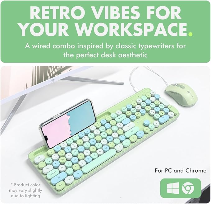 X9 Wired Keyboard and Mouse Combo with Backlight - Retro Typewriter Round Keycaps, Phone/Tablet Dock, 109 Fullsize Keys, Cute Colorful Green Keyboard, Pastel Keyboard for Laptop, PC and Chromebook