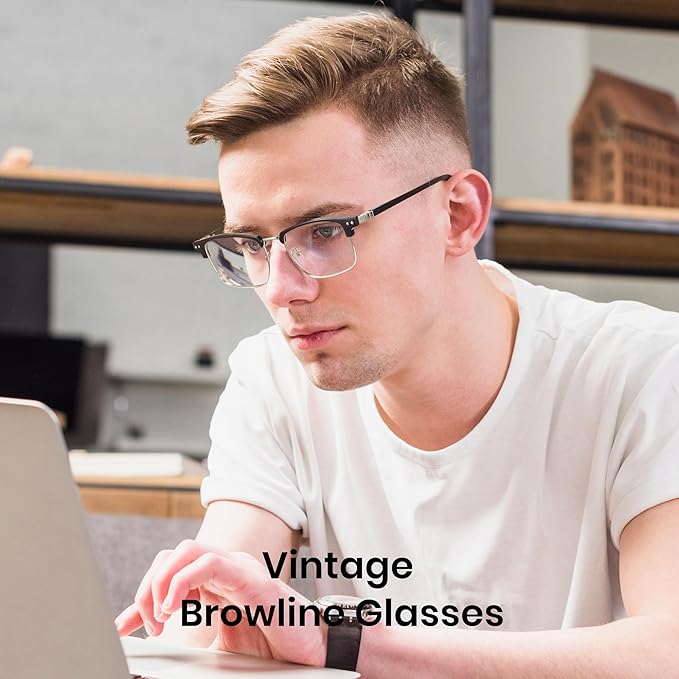 Cyxus Retro Blue Light Glasses Men - Square TR90 Metal Blowline Frame Stylish Trendy for Computer Daily Work 8252