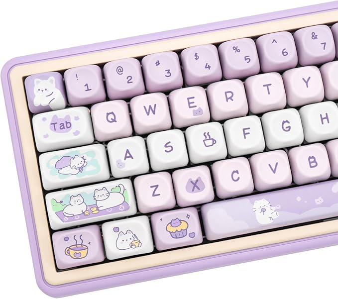 PBT Keycaps, MOA Profile Keycaps 132 Keys Dye Sublimation Purple Cute Cat Customized Keycap Set for ANSI Layout Cherry MX Switches Mechanical Keyboards