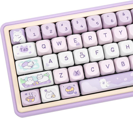 PBT Keycaps, MOA Profile Keycaps 132 Keys Dye Sublimation Purple Cute Cat Customized Keycap Set for ANSI Layout Cherry MX Switches Mechanical Keyboards