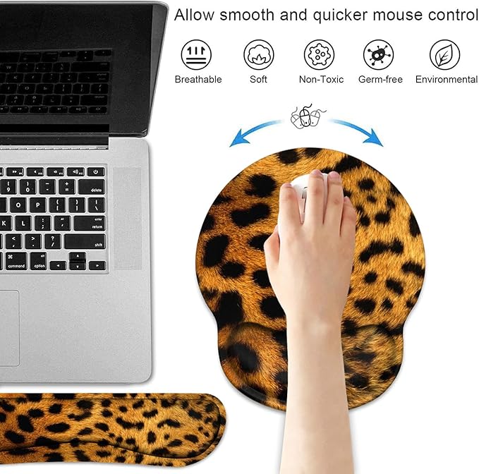 Keyboard Wrist Rest and Mouse Wrist Rest Pad Set with Coasters, Ergonomic Support, Non-Slip PU Base, Easy Typing and Relieve Wrist Pain, Perfect for Home Office Working Studying, Leopard Print