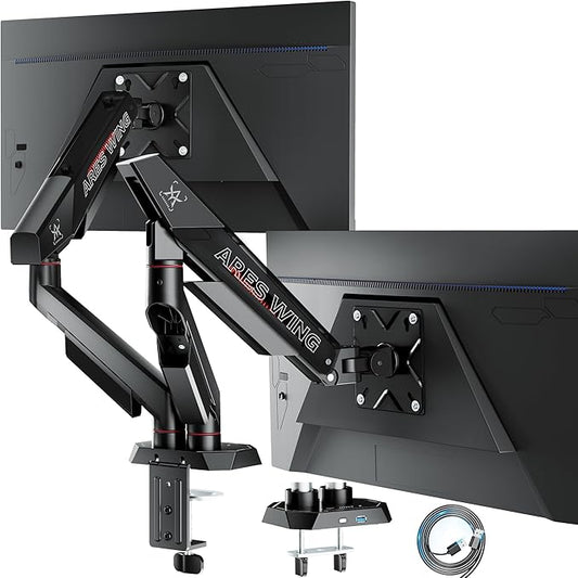 ARES WING Heavy Duty Dual Monitor Arm, Fully Adjustable Monitor Mount for 17-35 Inch Flat Curved Ultrawide Screens Up to 26.5lbs with USB A/C, C-Clamp & Grommet Base, 75/100 Vesa Mount, Black