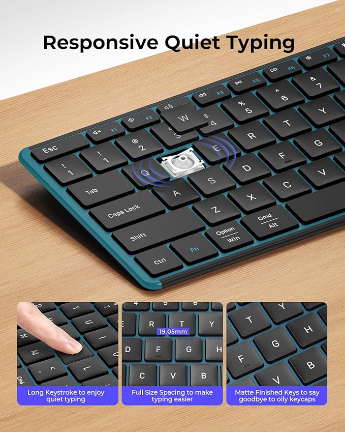 seenda Wireless Bluetooth Keyboard and Mouse Combo, SKM64-3 Rechargeable Slim Quiet Keyboard Mouse, 3 Multi-Device Connection, Compatible for Windows, Mac, MacBook, iPad, Tablet, Black Blue