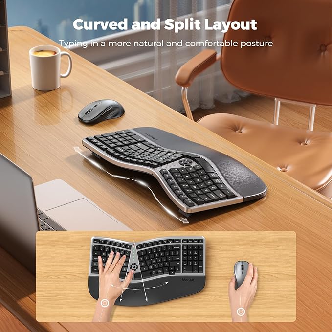 MEETION Ergonomic Wireless Keyboard and Mouse Combo, 2.4G Curved Compact Keyboard with Cushioned Palm Rest, 4 Level DPIs Adjustable Wireless Mouse, for Windows/Mac/Desktop/Laptop/PC, Gray Black