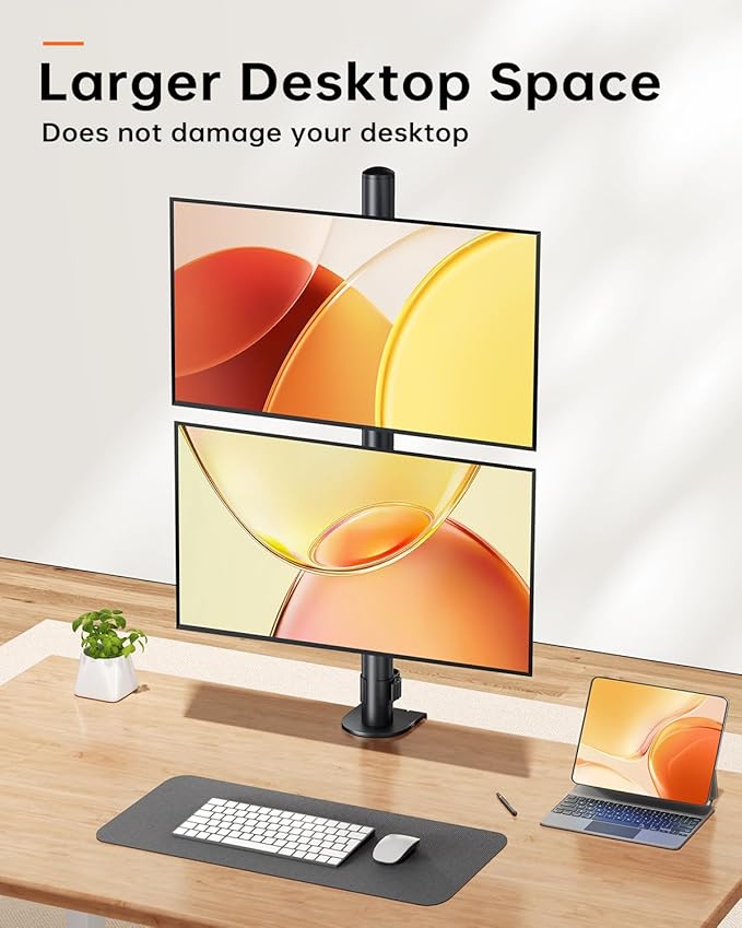 Dual Monitor Stand for 13-27'' Monitors, Vertical Stack Screen Free-Standing Monitor Riser with Swivel, Tilt, Height Adjustable, Holds One (1) Screen Up to 35Lbs, 75x75/100x100 VESA, C-Clamp