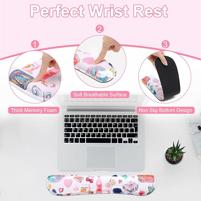 MEGREZ 4-in-1 Ergonomic Memory Foam Wrist Rest Set, Desk Pad, Mouse Pad with Wrist Rest, Keyboard Pad, Suitable for Office Workers, Programmers & Gamers–Relieve Typing & Gaming Fatigue, Off White