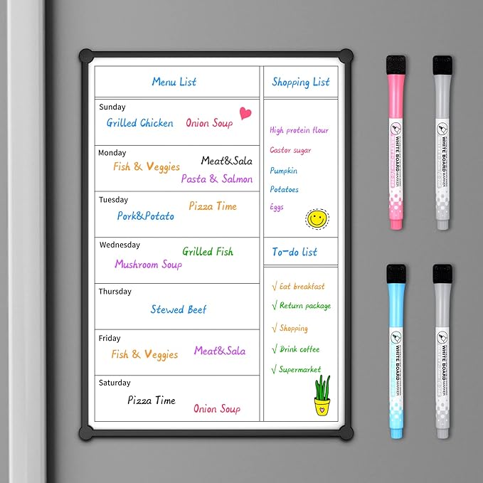 Weekly Calendar for Fridge,12×8” Magnetic Fridge Calendar Refrigerator Calendar, Weekly Meal Planner Magnetic, Menu Board, Double-Sided, Grocery List, Menu Planner for Refrigerator/Locker, 4 Markers