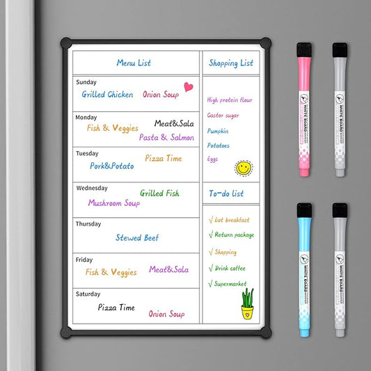 Weekly Calendar for Fridge,12×8” Magnetic Fridge Calendar Refrigerator Calendar, Weekly Meal Planner Magnetic, Menu Board, Double-Sided, Grocery List, Menu Planner for Refrigerator/Locker, 4 Markers